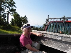 Ruth Dorrough; Mount Sunapee; New Hampshire; riding down in the pick-up truck after hiking up